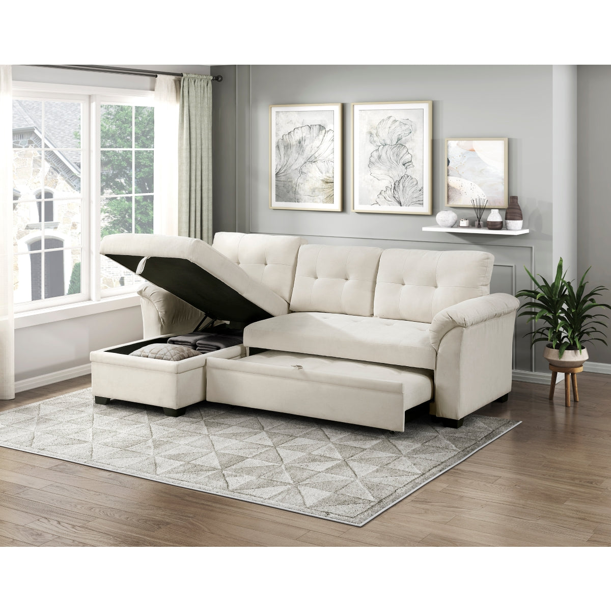 Elara 2-Piece Reversible Sectional with Pull-out Bed, Reversible Chaise and Hidden Storage