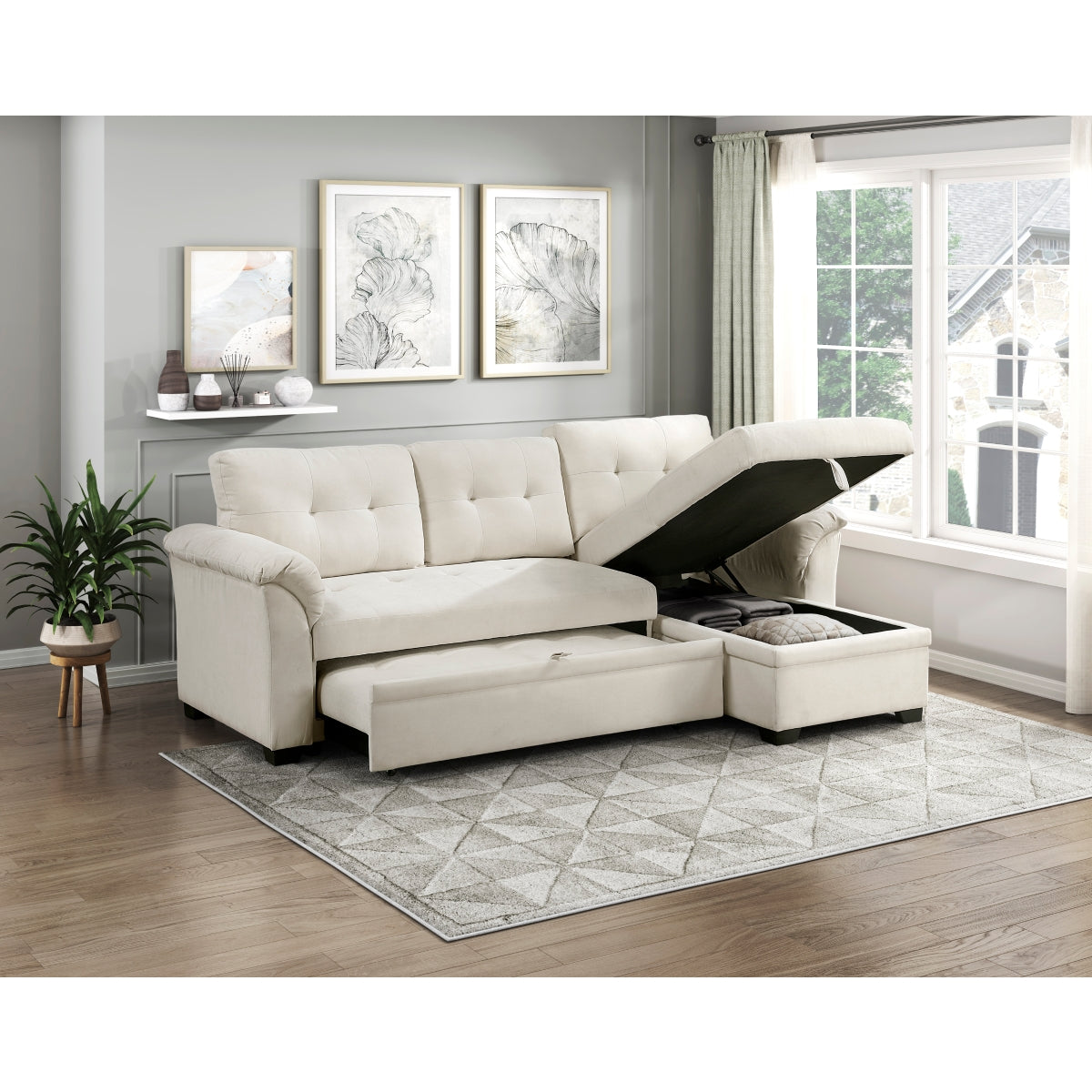 Elara 2-Piece Reversible Sectional with Pull-out Bed, Reversible Chaise and Hidden Storage