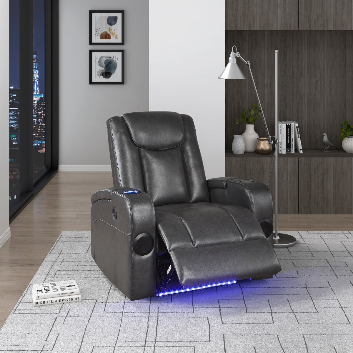 Turbo Power Reclining Chair with Wireless Charger, Cooling Cup-Holder, Storage Arms, Wireless Speakers, LED Light and USB port