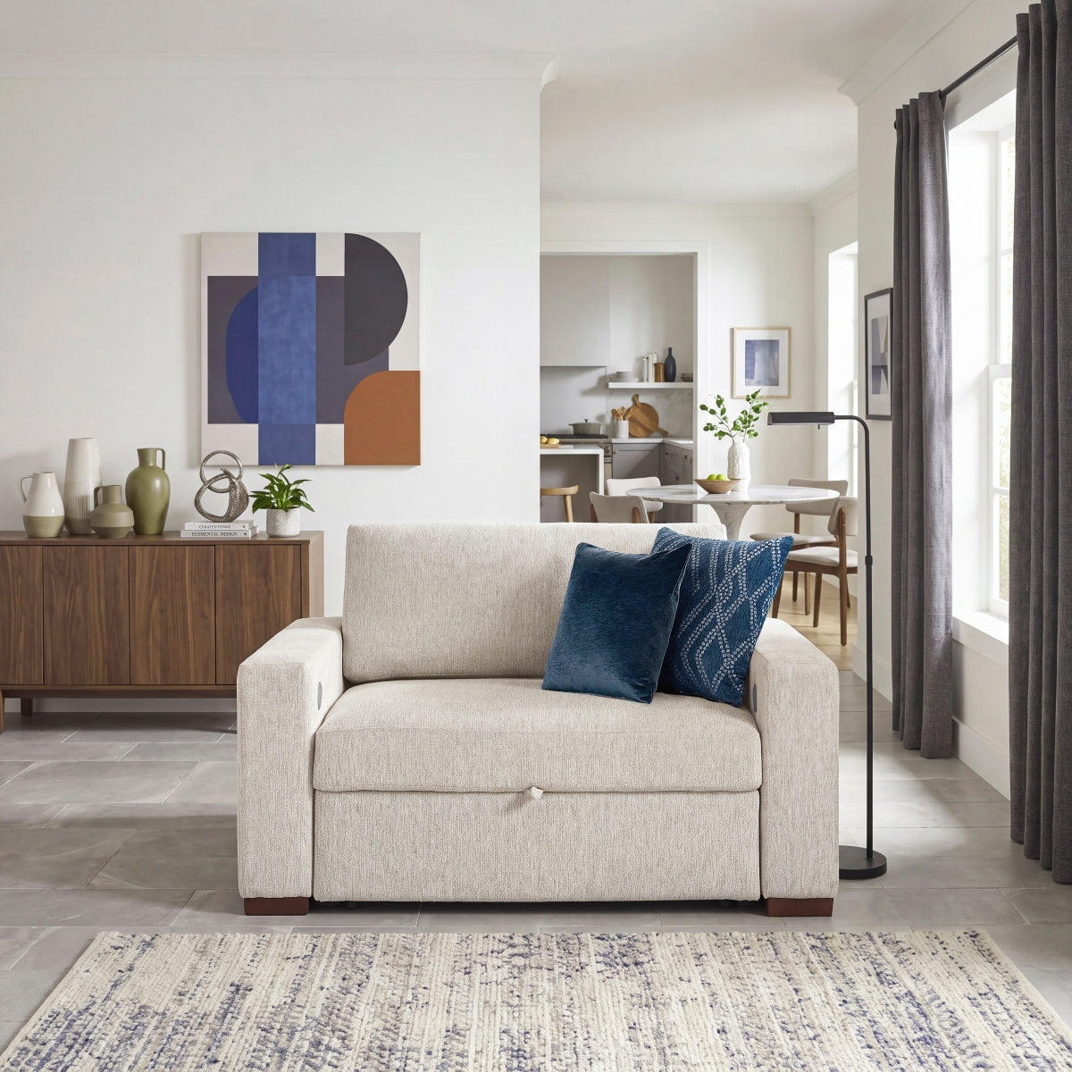 Isla Convertible Chair and Half with Pull-out Bed, Click Motion Back, Two Arms with Shelves and Charging Ports