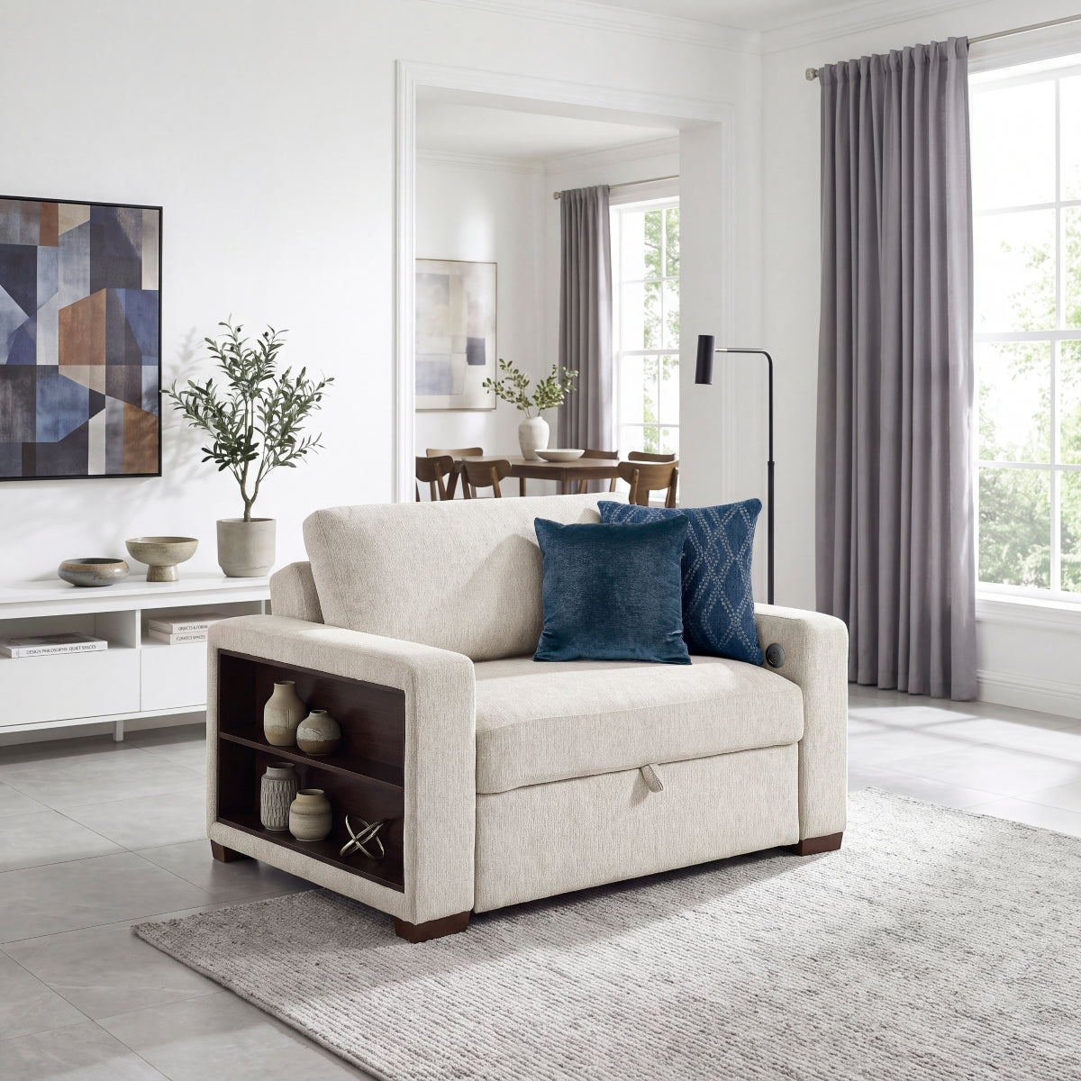 Isla Convertible Chair and Half with Pull-out Bed, Click Motion Back, Two Arms with Shelves and Charging Ports