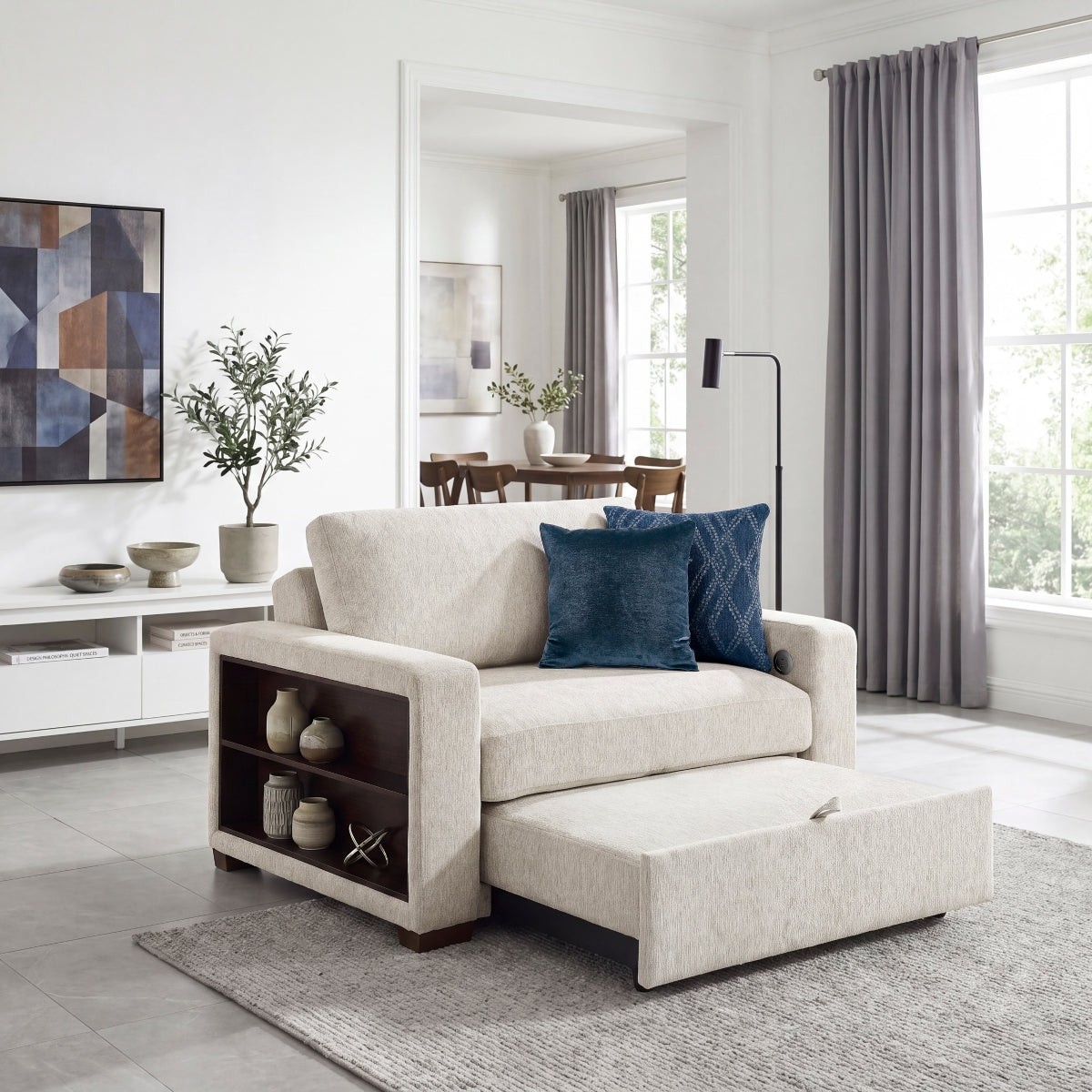 Isla Convertible Chair and Half with Pull-out Bed, Click Motion Back, Two Arms with Shelves and Charging Ports