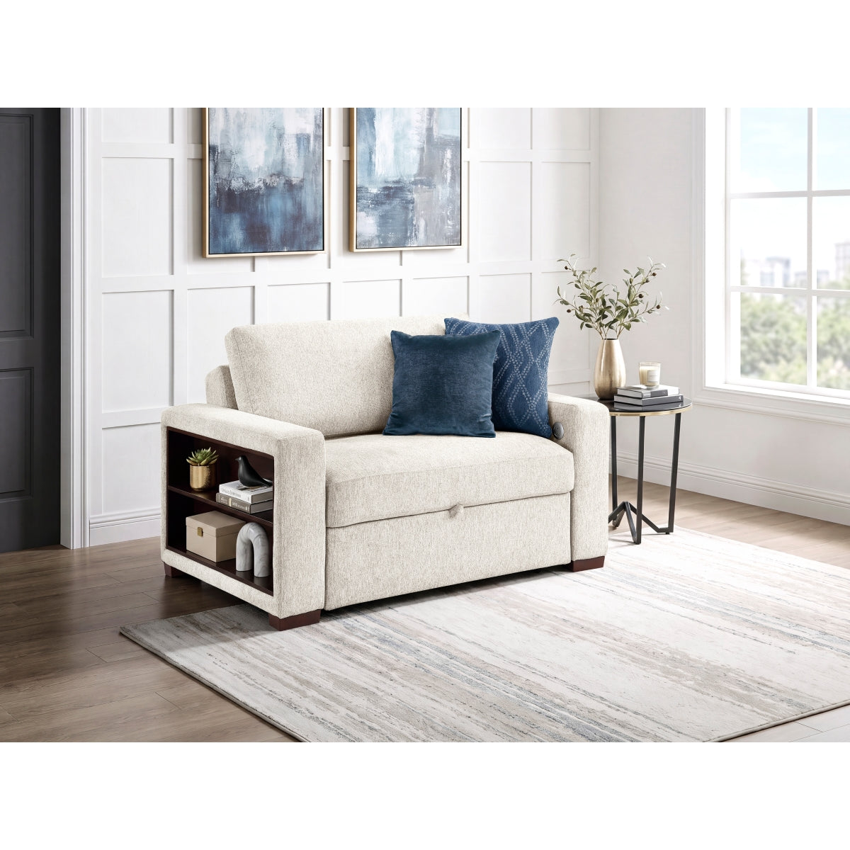 Isla Convertible Chair and Half with Pull-out Bed, Click Motion Back, Two Arms with Shelves and Charging Ports