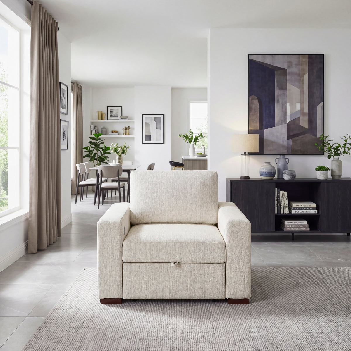 Isla Convertible Chair with Pull-out Bed, Click Motion Back, Two Arms with Shelves and Charging Ports