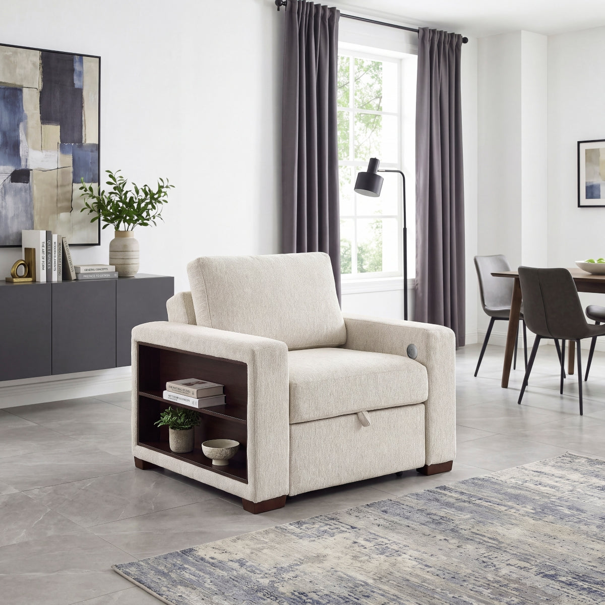 Isla Convertible Chair with Pull-out Bed, Click Motion Back, Two Arms with Shelves and Charging Ports