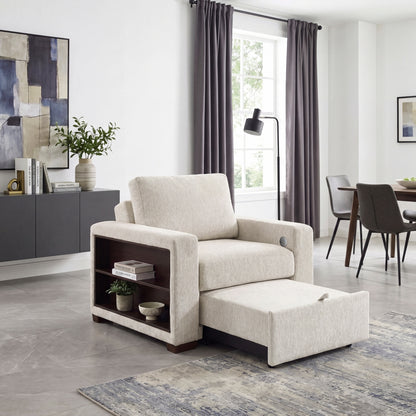Isla Convertible Chair with Pull-out Bed, Click Motion Back, Two Arms with Shelves and Charging Ports