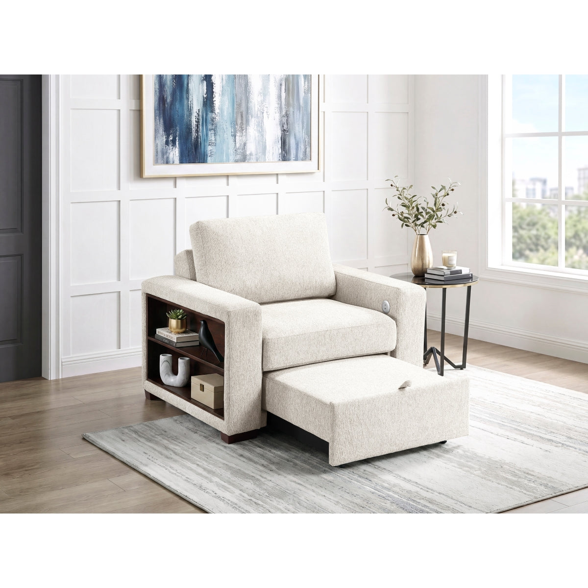Isla Convertible Chair with Pull-out Bed, Click Motion Back, Two Arms with Shelves and Charging Ports