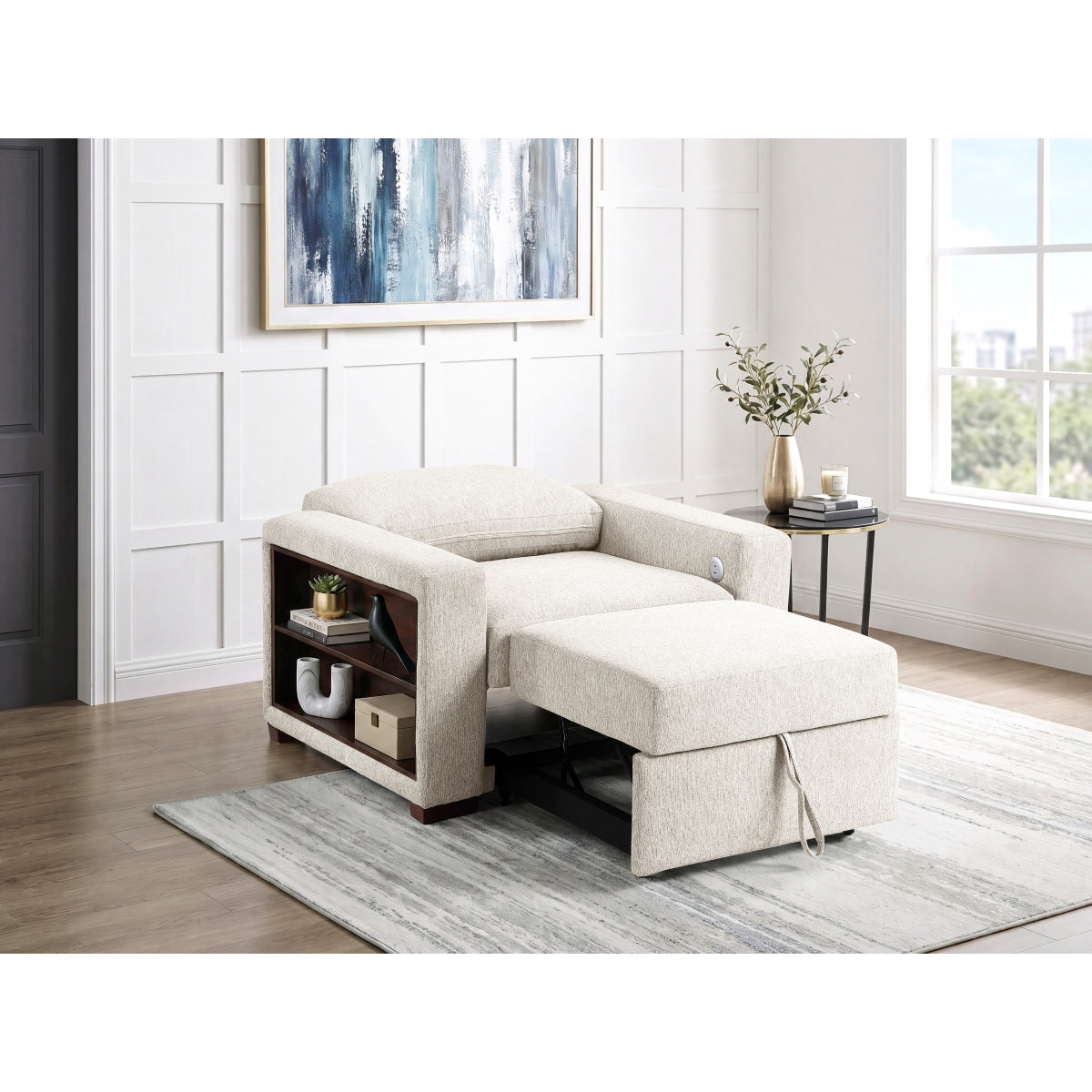 Isla Convertible Chair with Pull-out Bed, Click Motion Back, Two Arms with Shelves and Charging Ports