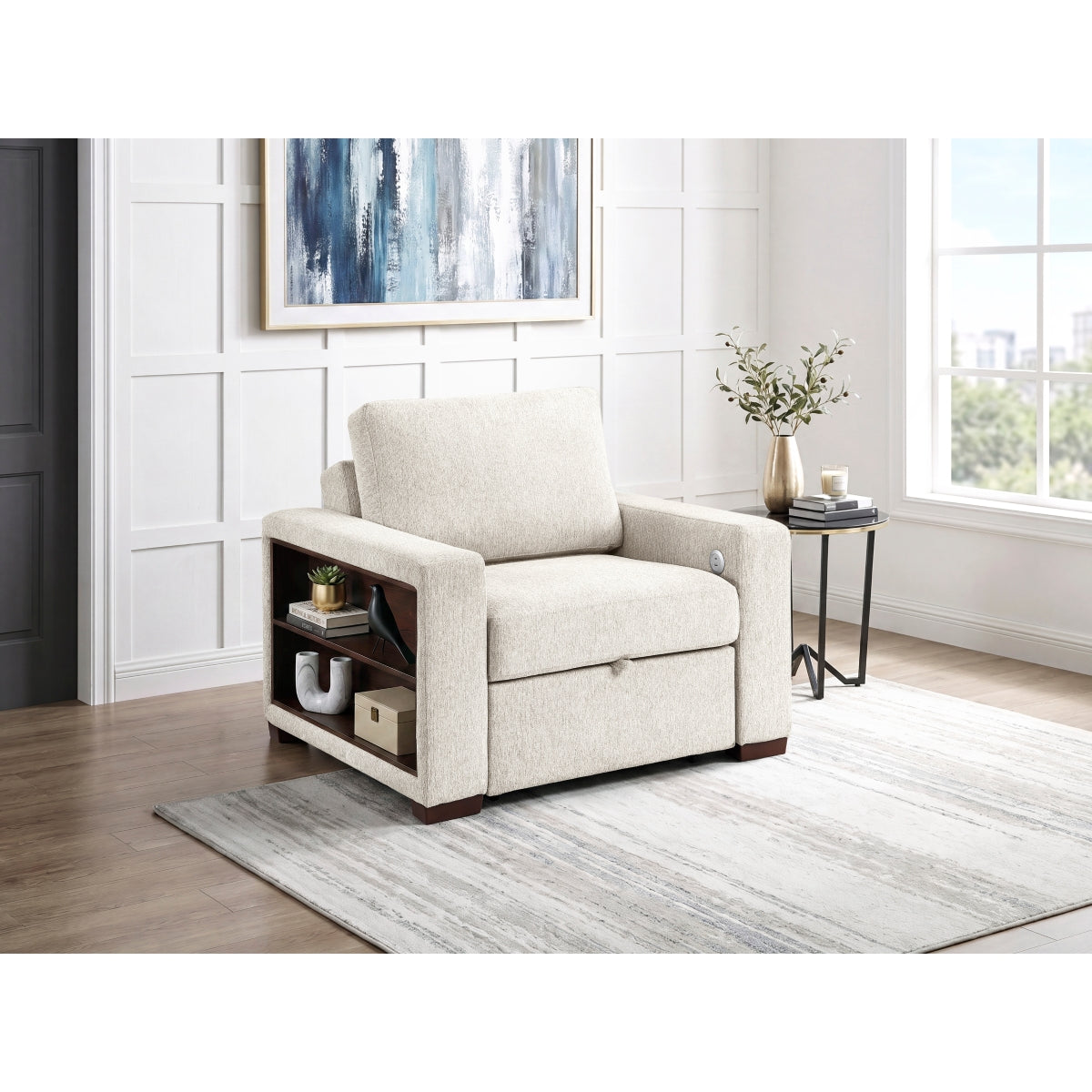 Isla Convertible Chair with Pull-out Bed, Click Motion Back, Two Arms with Shelves and Charging Ports