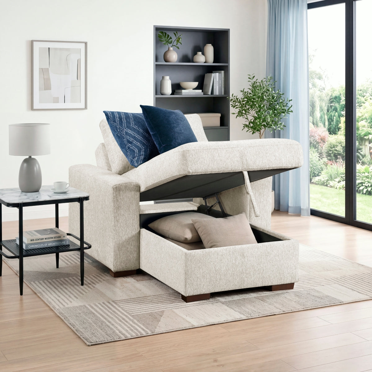 Isla Convertible Chaise Lounge with Arms and Hidden Storage, Click Motion Back