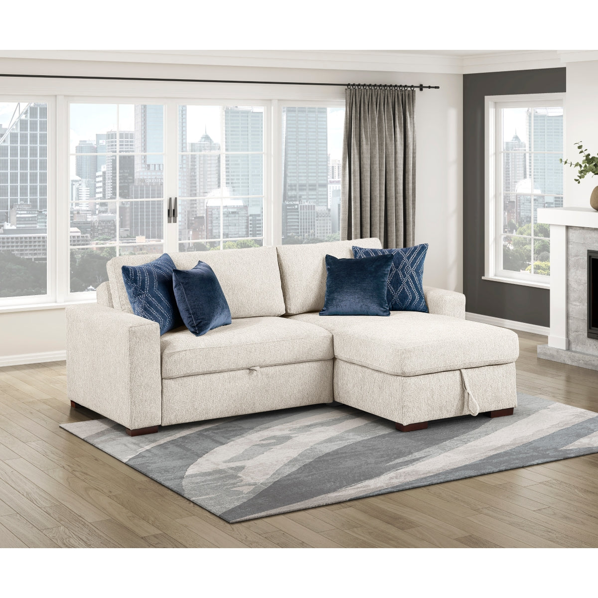 Isla 2-Piece Sectional with Reversible Chaise, Pull-out Bed and Hidden Storage, Click Motion Back