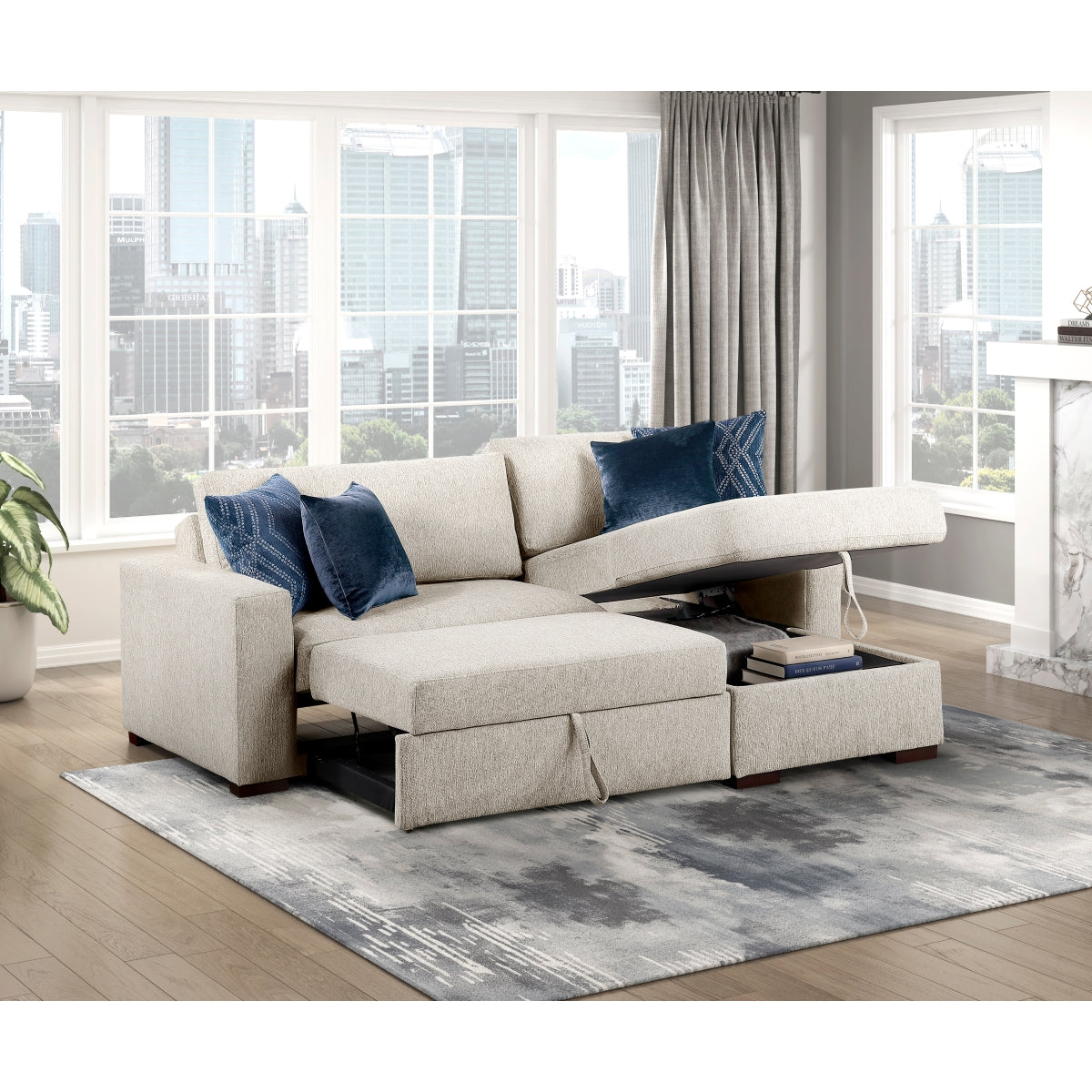 Isla 2-Piece Sectional with Reversible Chaise, Pull-out Bed and Hidden Storage, Click Motion Back