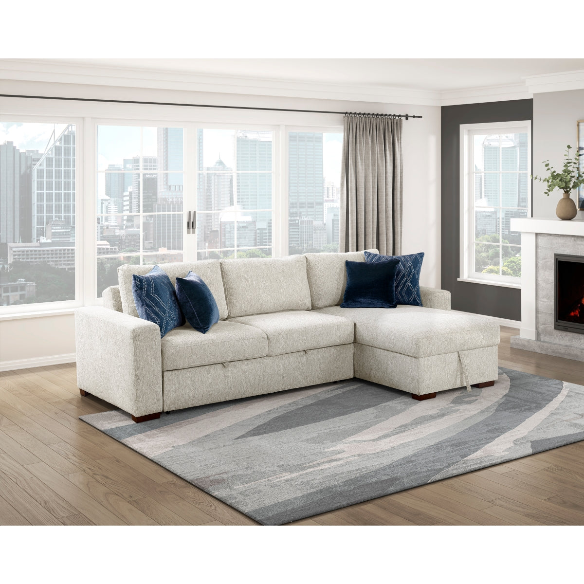 Isla 2-Piece Sectional with Reversible Chaise, Pull-out Bed and Hidden Storage, Click Motion Back
