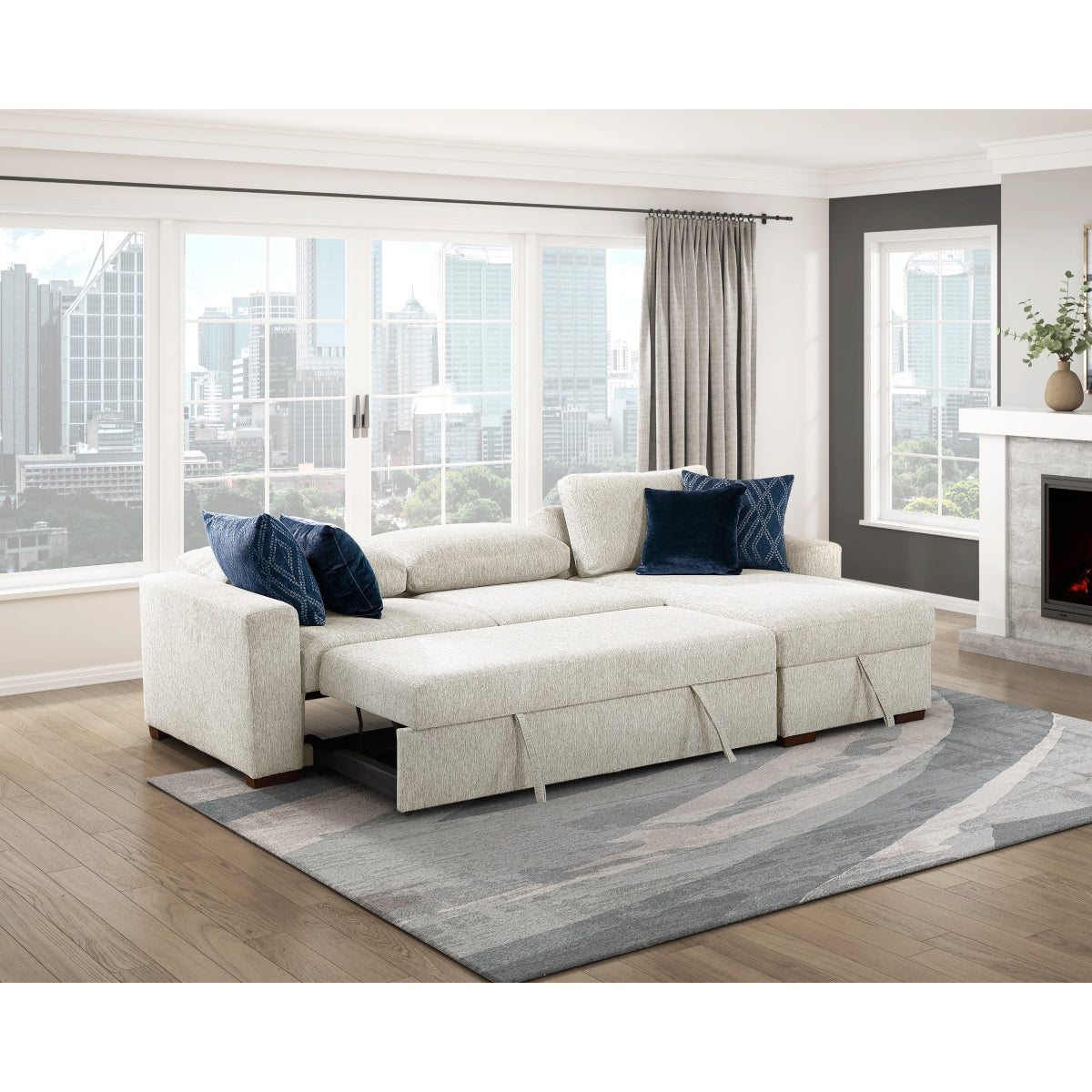 Isla 2-Piece Sectional with Reversible Chaise, Pull-out Bed and Hidden Storage, Click Motion Back