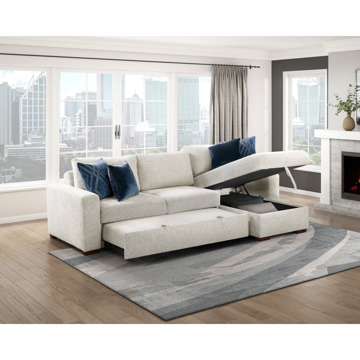 Isla 2-Piece Sectional with Reversible Chaise, Pull-out Bed and Hidden Storage, Click Motion Back