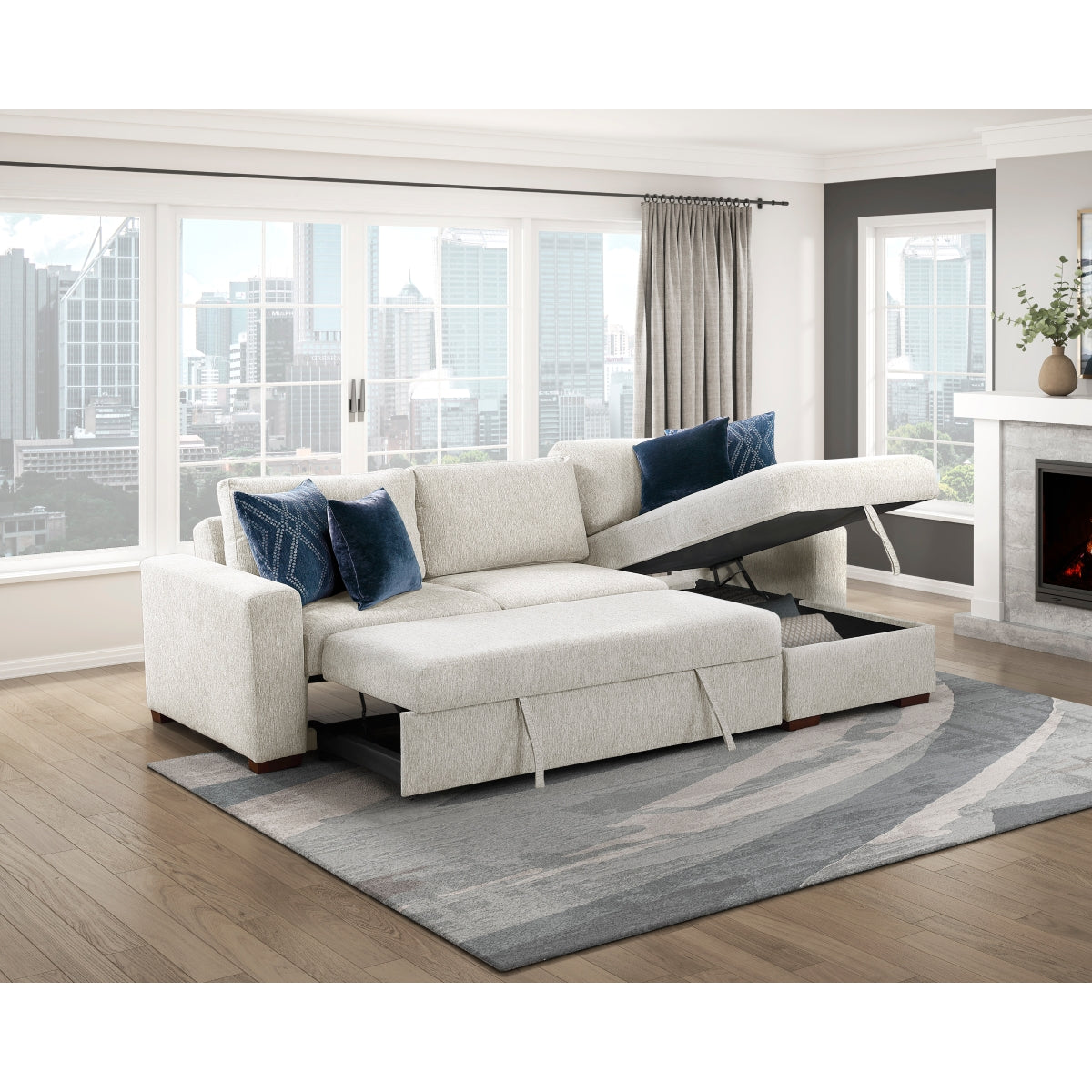 Isla 2-Piece Sectional with Reversible Chaise, Pull-out Bed and Hidden Storage, Click Motion Back