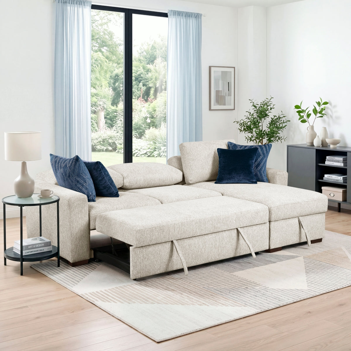 Isla 2-Piece Sectional with Reversible Chaise, Pull-out Bed and Hidden Storage, Click Motion Back