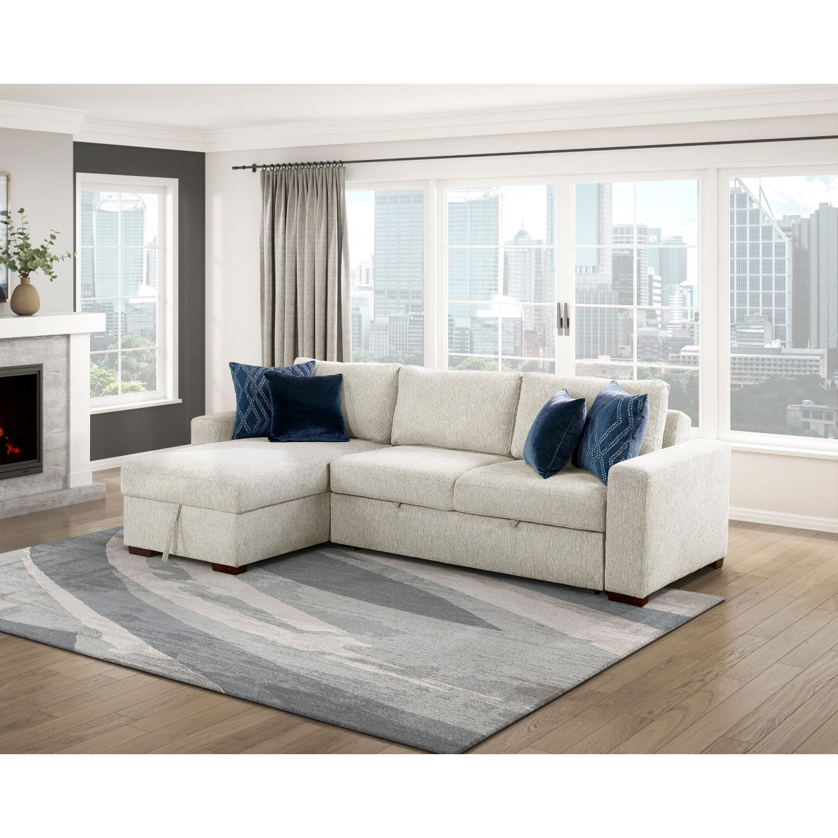 Isla 2-Piece Sectional with Reversible Chaise, Pull-out Bed and Hidden Storage, Click Motion Back