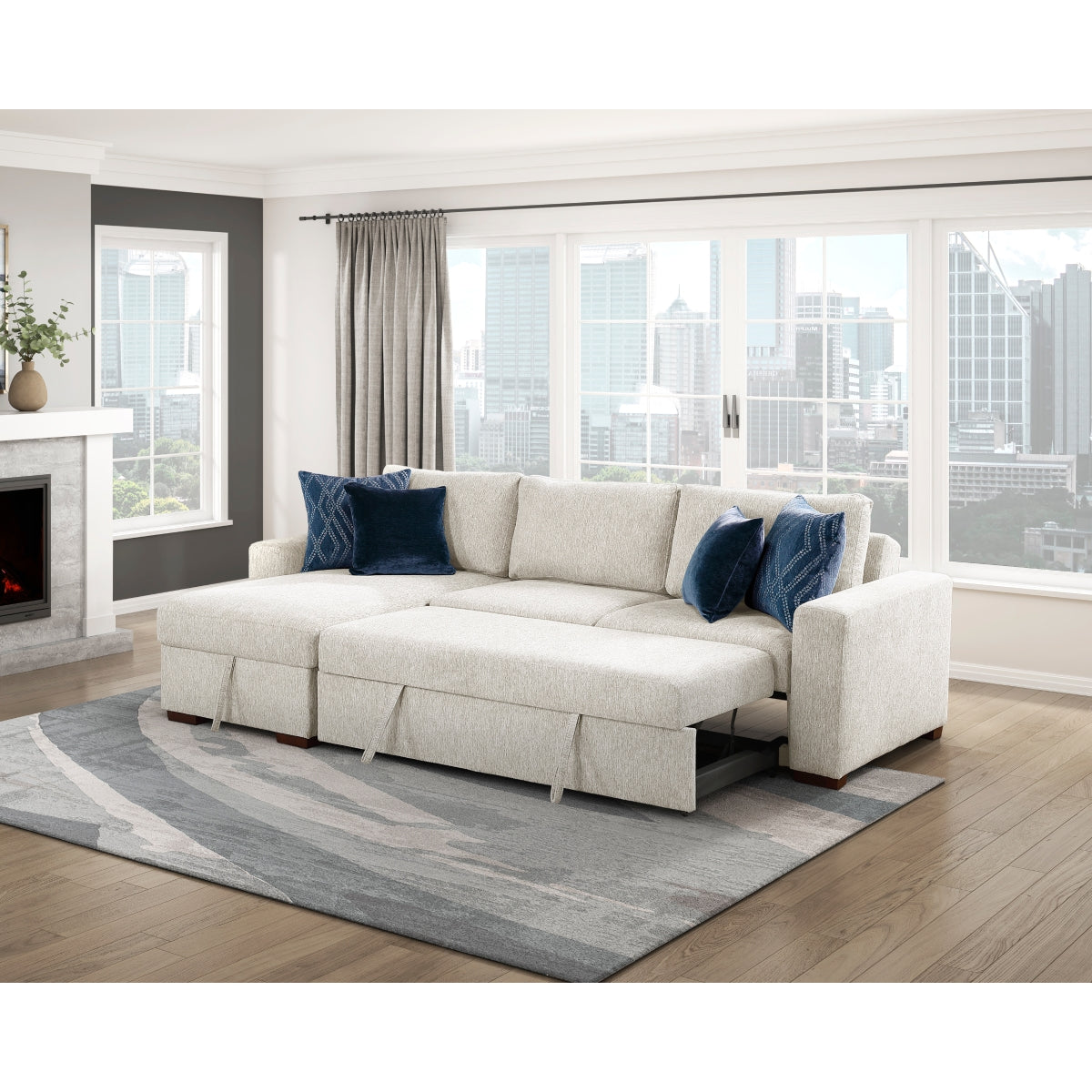 Isla 2-Piece Sectional with Reversible Chaise, Pull-out Bed and Hidden Storage, Click Motion Back