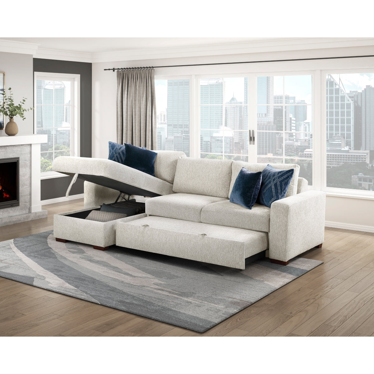 Isla 2-Piece Sectional with Reversible Chaise, Pull-out Bed and Hidden Storage, Click Motion Back