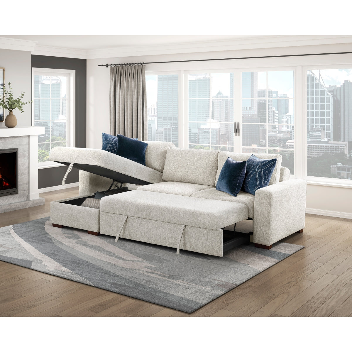 Isla 2-Piece Sectional with Reversible Chaise, Pull-out Bed and Hidden Storage, Click Motion Back