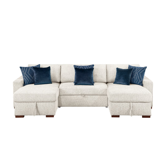 Isla 3-Piece Sectional with Two Reversible Chaises, Pull-out Bed, Hidden Storage, Click Motion Back and Two Arms with Shelves and Charging Ports