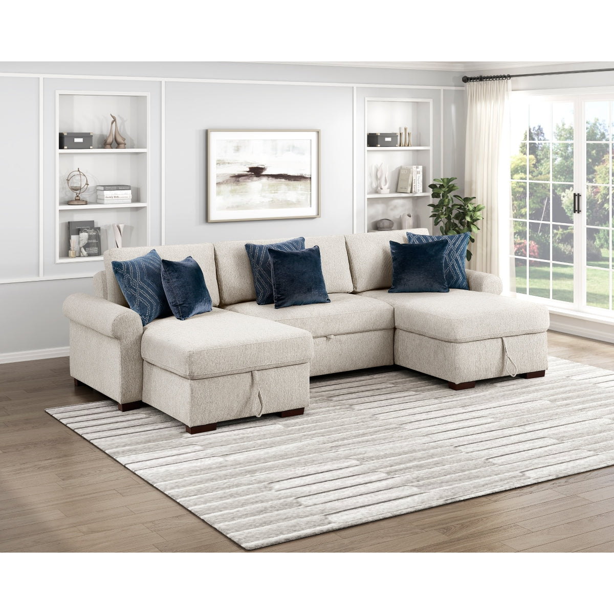Isla 3-Piece Sectional with Two Reversible Chaises, Pull-out Bed, Hidden Storage, Click Motion Back and Two Roll Arms