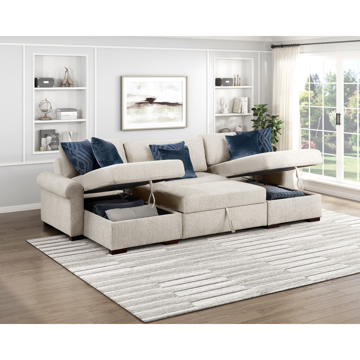 Isla 3-Piece Sectional with Two Reversible Chaises, Pull-out Bed, Hidden Storage, Click Motion Back and Two Roll Arms