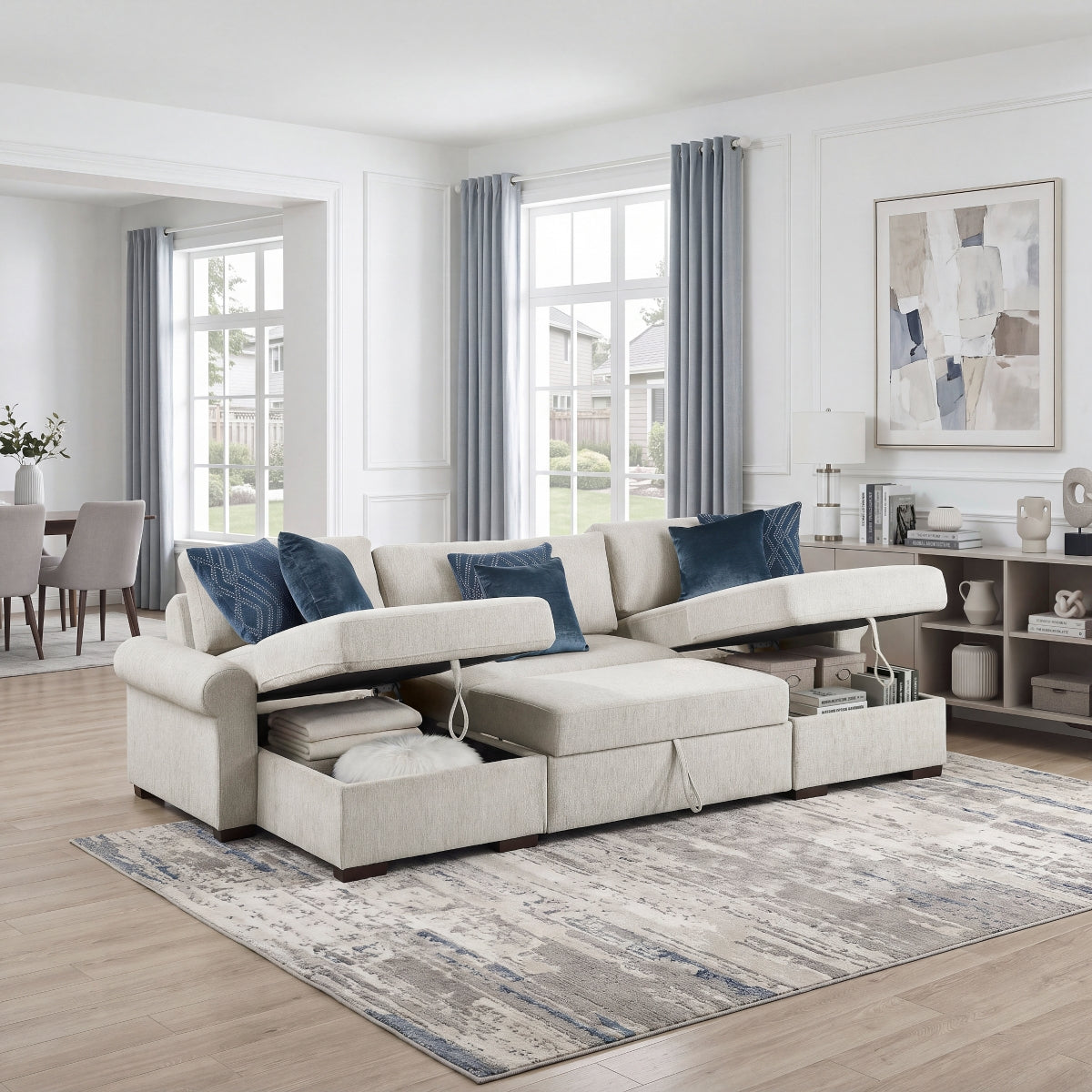Isla 3-Piece Sectional with Two Reversible Chaises, Pull-out Bed, Hidden Storage, Click Motion Back and Two Roll Arms
