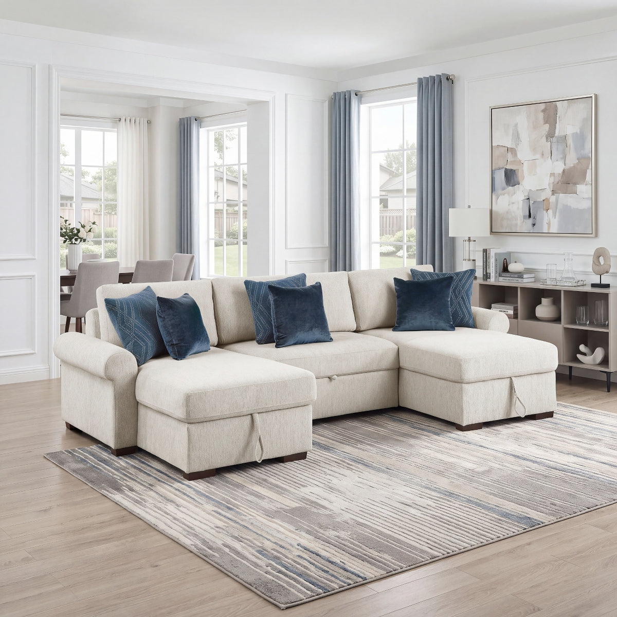 Isla 3-Piece Sectional with Two Reversible Chaises, Pull-out Bed, Hidden Storage, Click Motion Back and Two Roll Arms