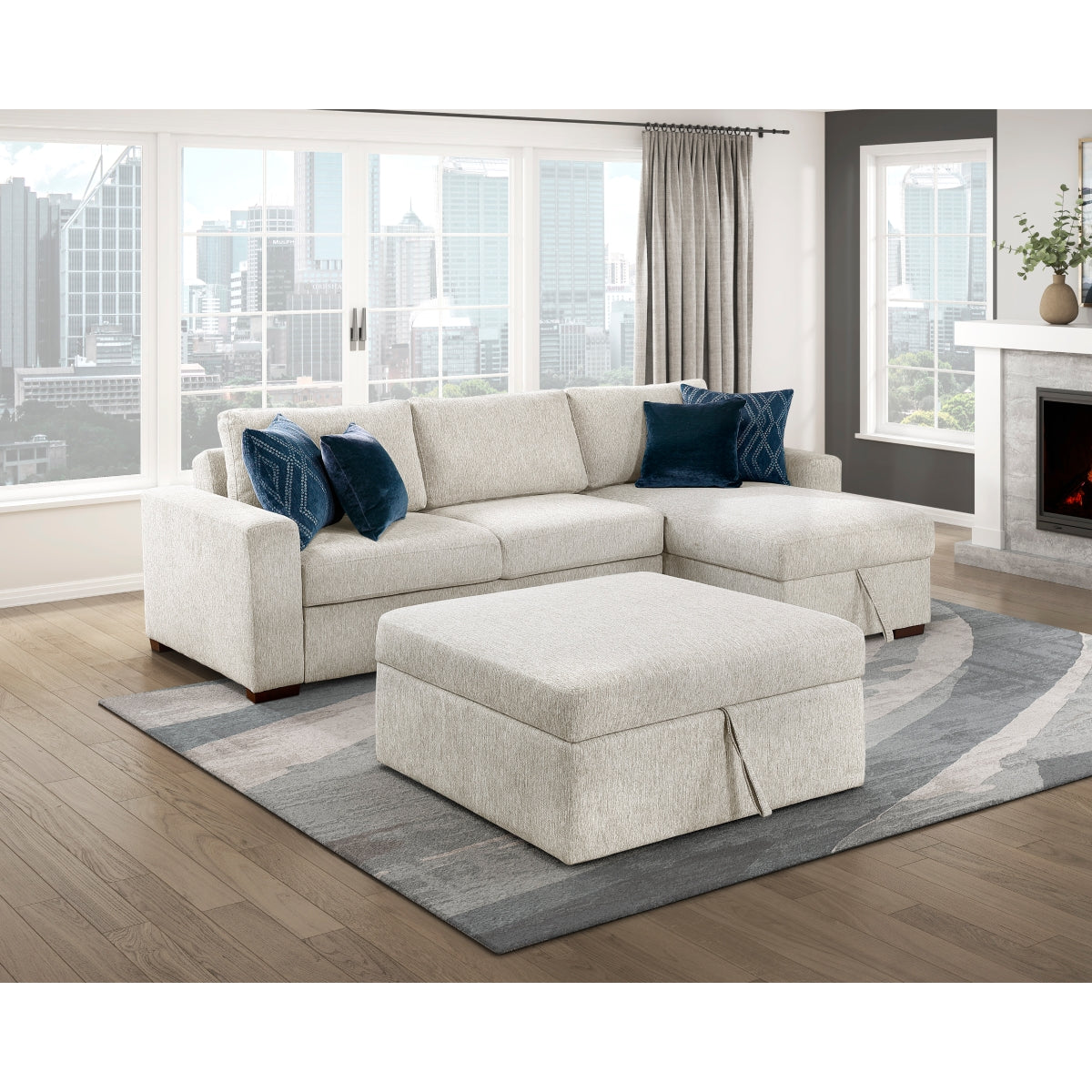 Isla 3-Piece Sectional with Convertible and Reversible Chaise, Hidden Storage, Click Motion Back and Ottoman