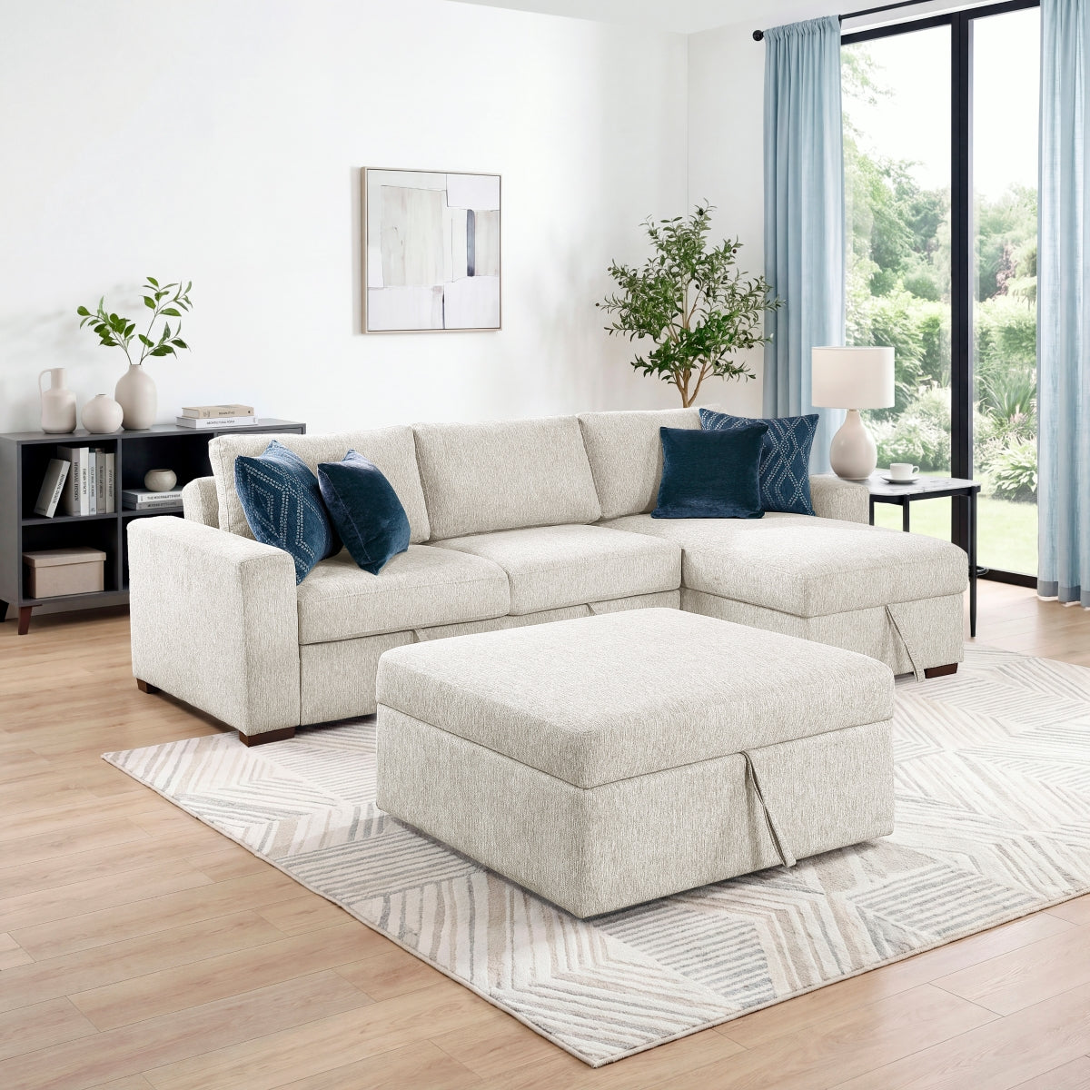Isla 3-Piece Sectional with Reversible Chaise, Pull-out Bed, Hidden Storage and Ottoman, Click Motion Back