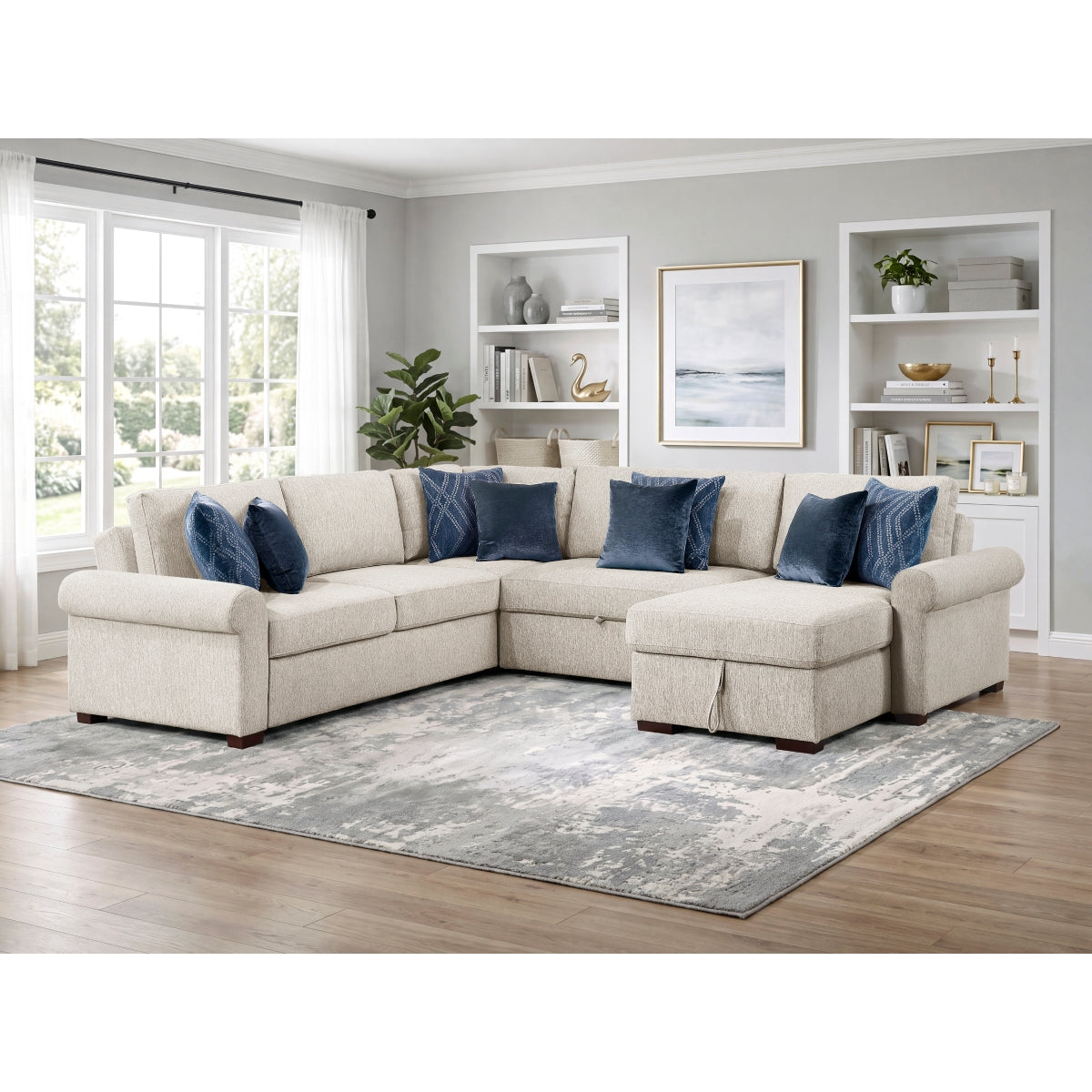 Isla 4-Piece Sectional with Reversible Chaise, Pull-out Bed, Hidden Storage and Click Motion Back