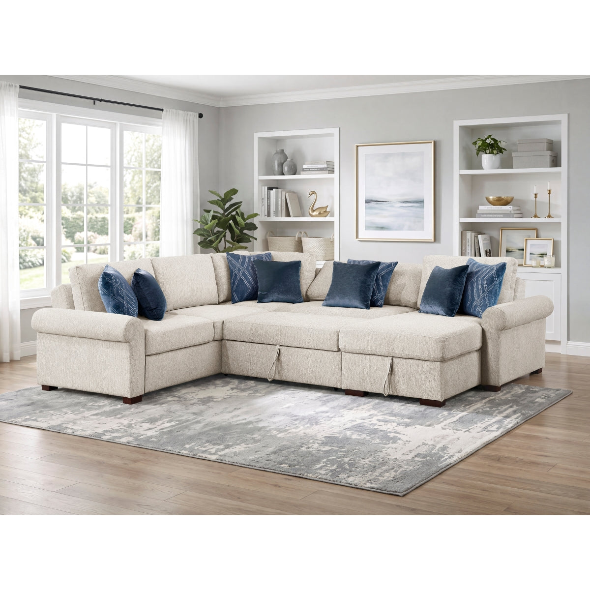 Isla 4-Piece Sectional with Reversible Chaise, Pull-out Bed, Hidden Storage and Click Motion Back