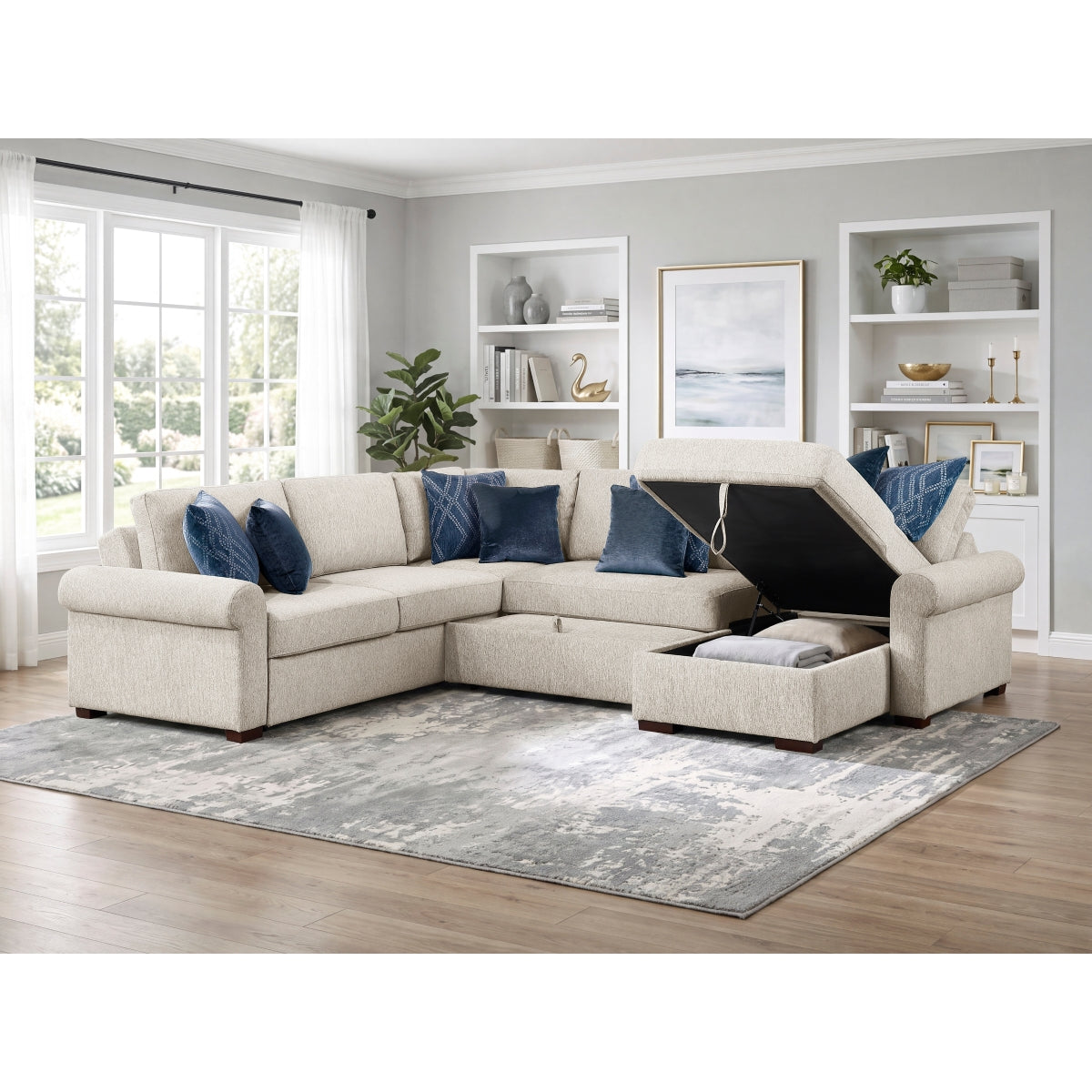 Isla 4-Piece Sectional with Reversible Chaise, Pull-out Bed, Hidden Storage and Click Motion Back