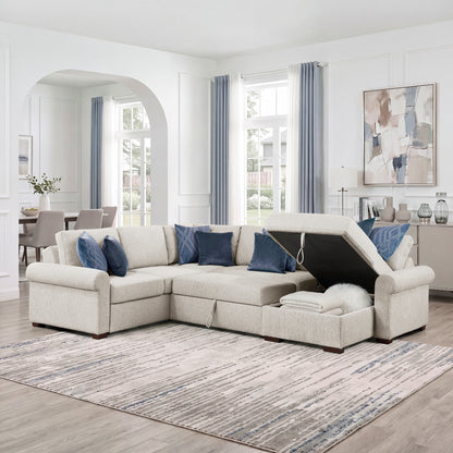 Isla 4-Piece Sectional with Reversible Chaise, Pull-out Bed, Hidden Storage and Click Motion Back