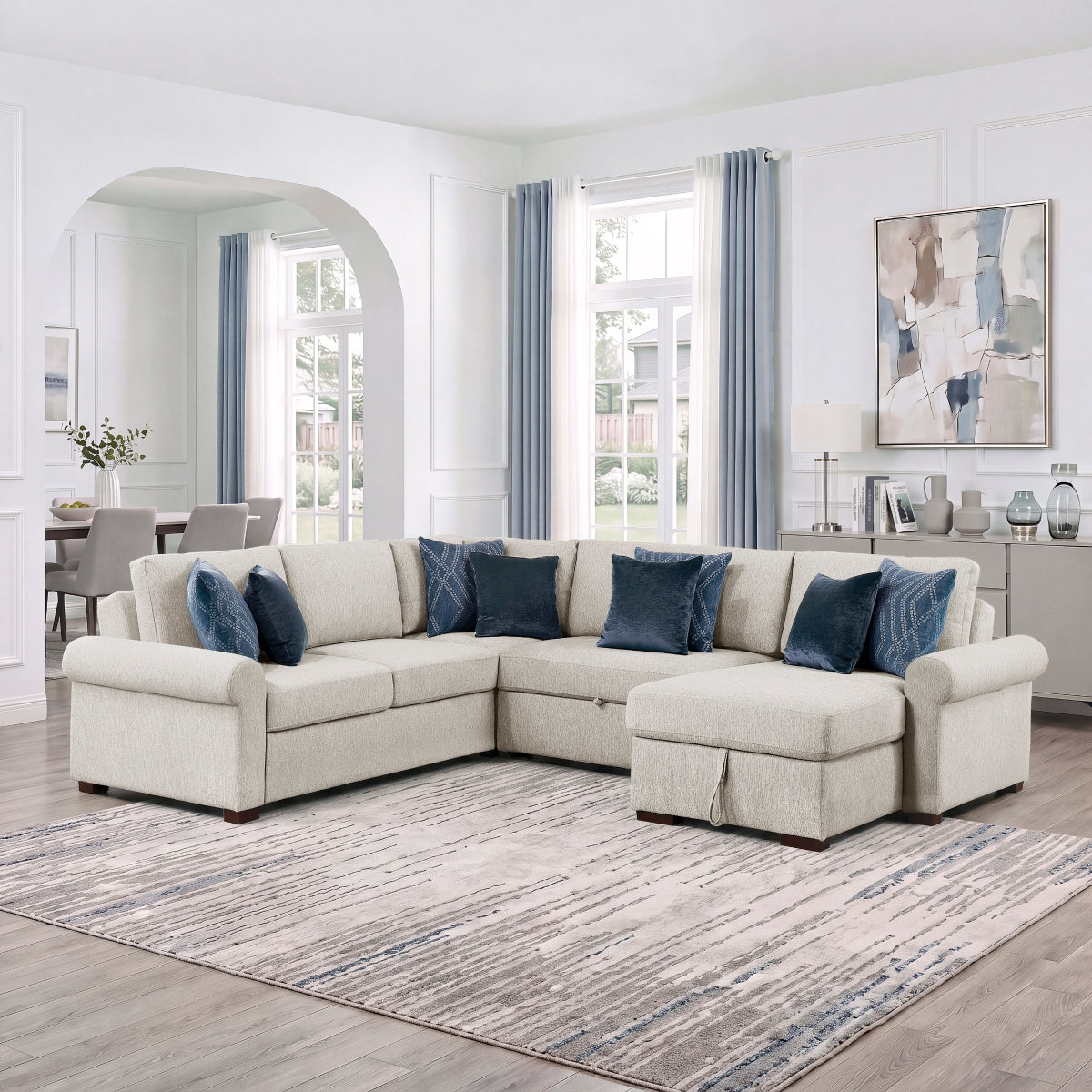 Isla 4-Piece Sectional with Reversible Chaise, Pull-out Bed, Hidden Storage and Click Motion Back