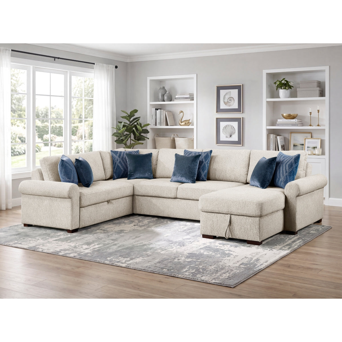 Isla 4-Piece Sectional with Reversible Chaise, Pull-out Bed, Hidden Storage and Click Motion Back