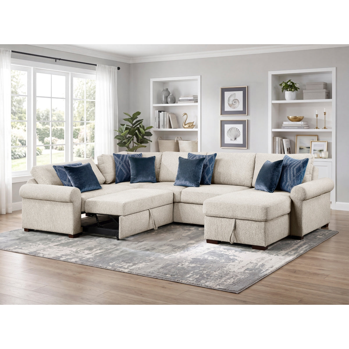 Isla 4-Piece Sectional with Reversible Chaise, Pull-out Bed, Hidden Storage and Click Motion Back