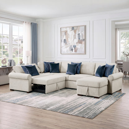 Isla 4-Piece Sectional with Reversible Chaise, Pull-out Bed, Hidden Storage and Click Motion Back