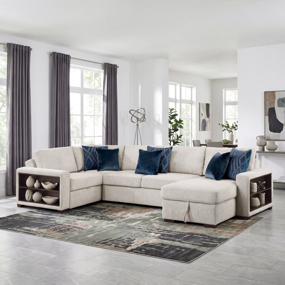 Isla 4-Piece Sectional with Reversible Chaise, Pull-out Bed, Hidden Storage and Click Motion Back