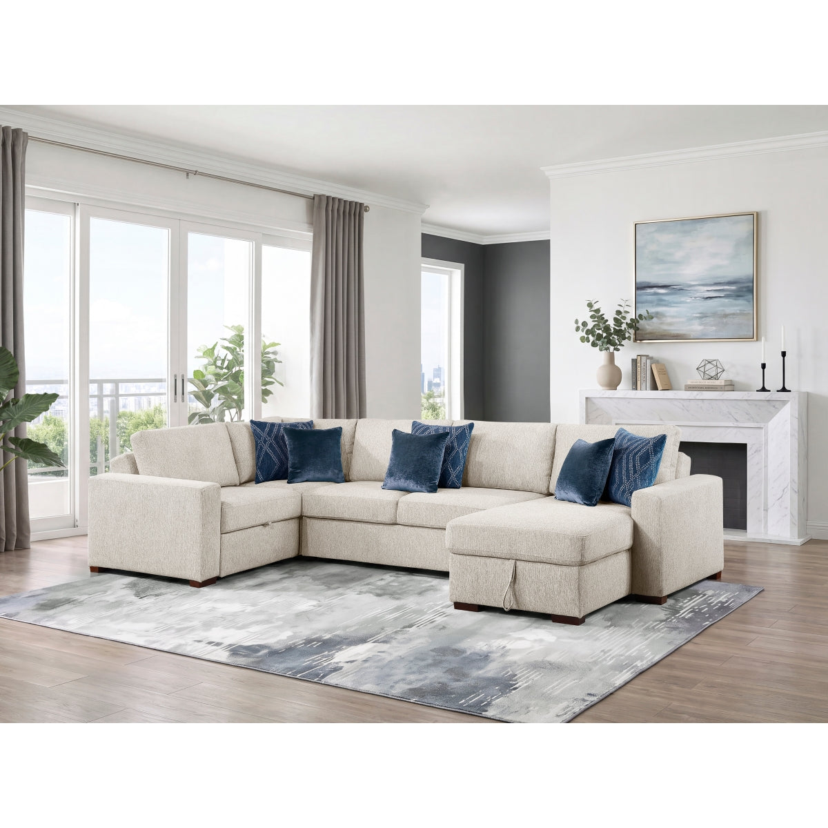 Isla 4-Piece Sectional with Reversible Chaise, Pull-out Bed, Hidden Storage and Click Motion Back