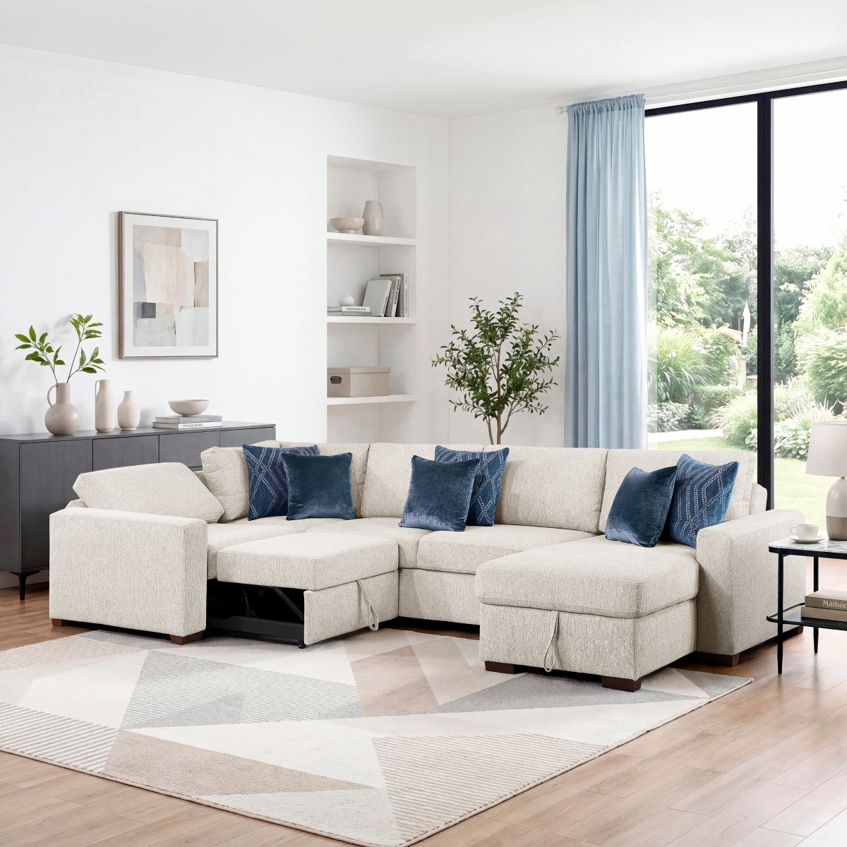 Isla 4-Piece Sectional with Reversible Chaise, Pull-out Bed, Hidden Storage and Click Motion Back
