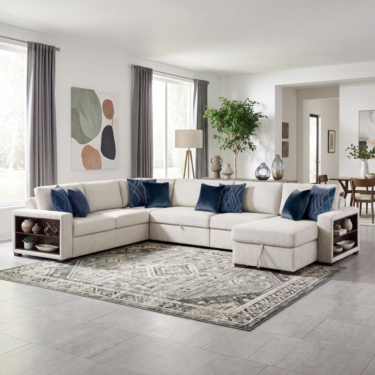Isla 5-Piece Sectional with Reversible Chaise, Pull-out Bed, Hidden Storage and Click Motion Back