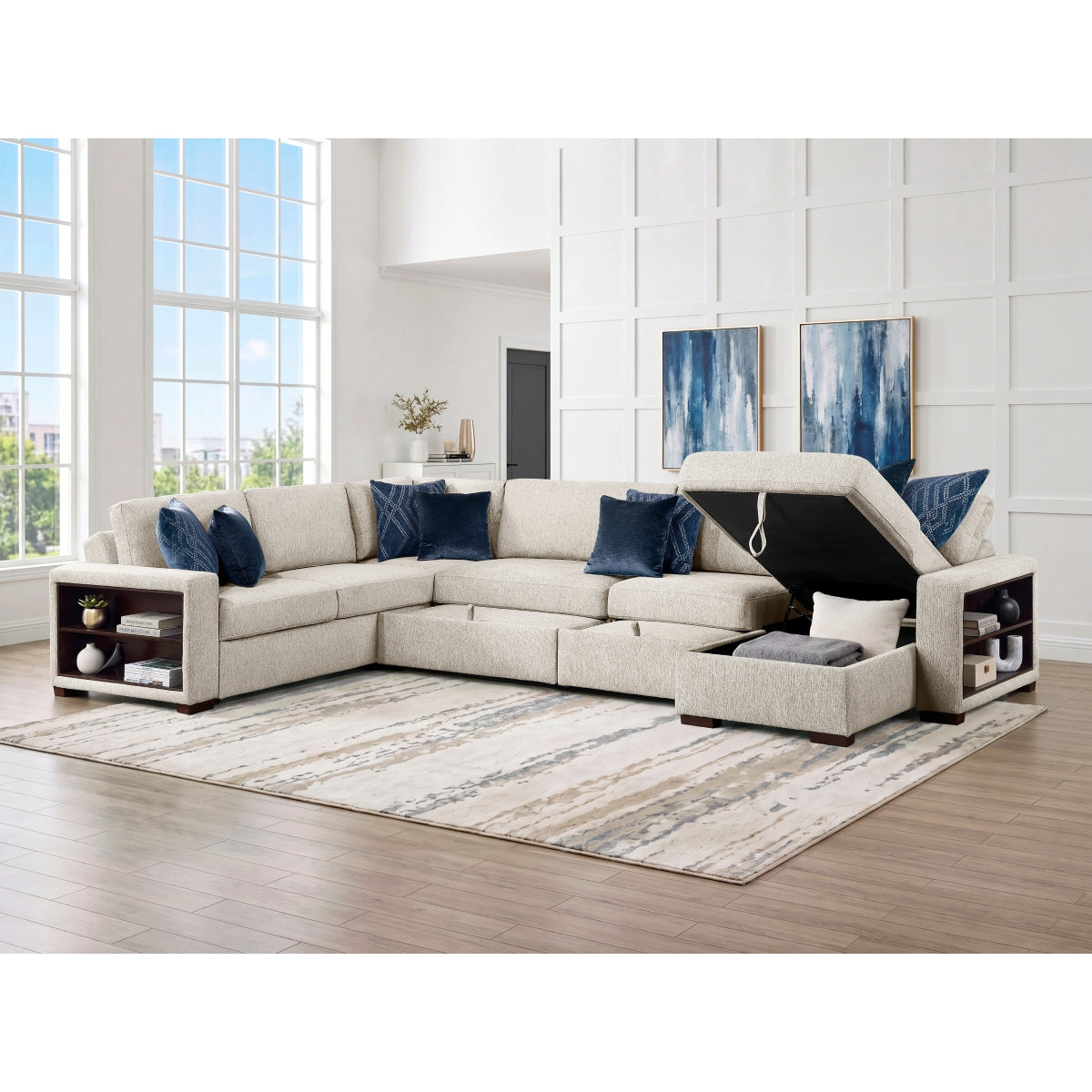 Isla 5-Piece Sectional with Reversible Chaise, Pull-out Bed, Hidden Storage and Click Motion Back