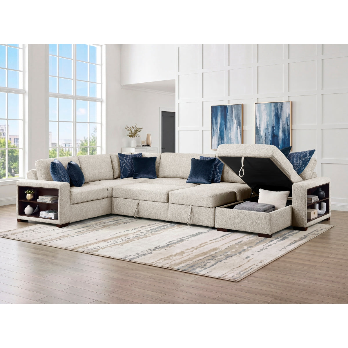 Isla 5-Piece Sectional with Reversible Chaise, Pull-out Bed, Hidden Storage and Click Motion Back