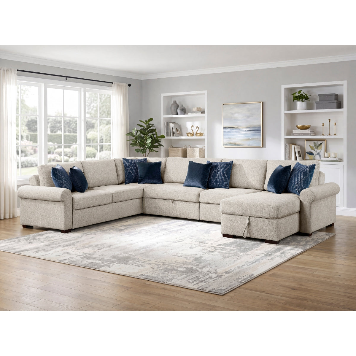 Isla 5-Piece Sectional with Reversible Chaise, Pull-out Bed, Hidden Storage and Click Motion Back