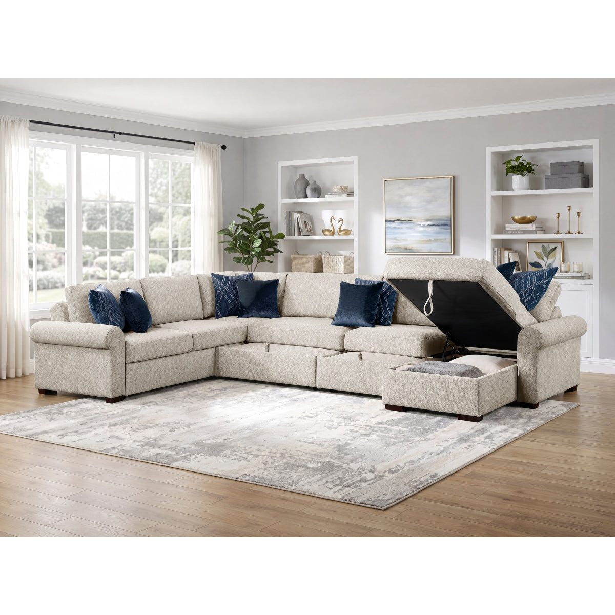 Isla 5-Piece Sectional with Reversible Chaise, Pull-out Bed, Hidden Storage and Click Motion Back
