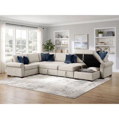 Isla 5-Piece Sectional with Reversible Chaise, Pull-out Bed, Hidden Storage and Click Motion Back
