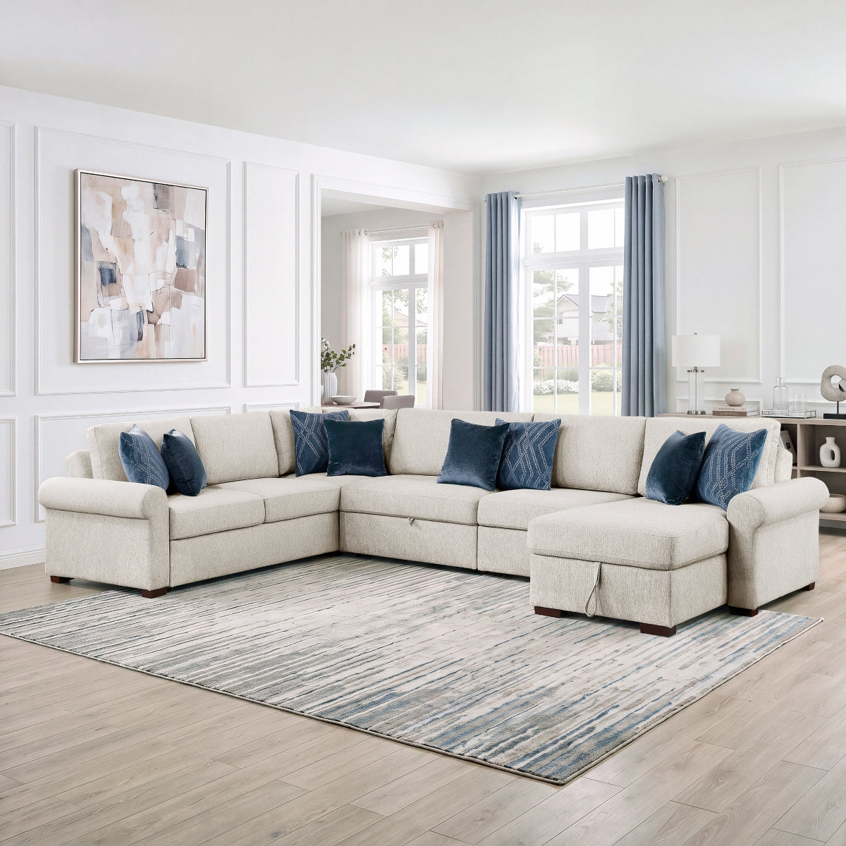 Isla 5-Piece Sectional with Reversible Chaise, Pull-out Bed, Hidden Storage and Click Motion Back